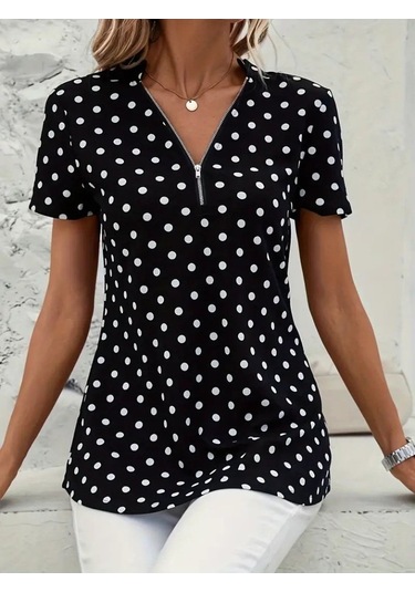 Modasize Kadın Kısa Kollu Yakadan Fermuarlı Puantiyeli Uzun Dokuma Viskon Bluz Siyah