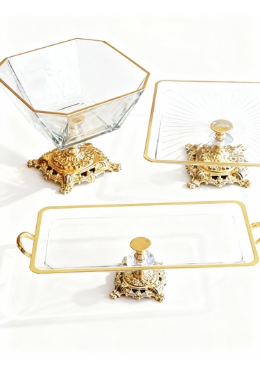 Gold 3 Parça Pasta & Kurabiyelik Sunum Seti Altın - Gold