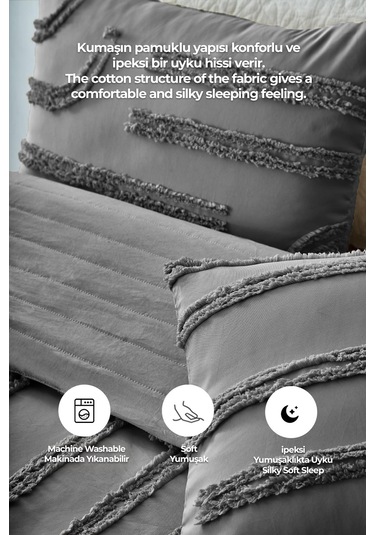 Pamuklu Sasha Kabartmalı Yatak Örtüsü Takımı Günlük Çift Kişilik Boho 3 Parça Elyaf Dolgulu Antrasit