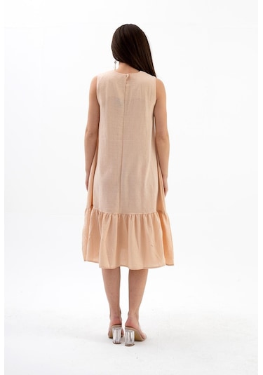 Kristal Keten Kolsuz Kadın Salaş Elbise - Somon-somon