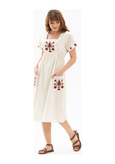 Kısa Kol Şile Bezi Melek Midi Boy Elbise Krem Krm