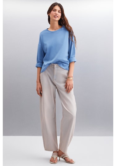 Basıl  Kadın Sırt Baskı Detaylı Oversize %100 Organik Pamuk Örme Uzun Kol Indigo T-shirt