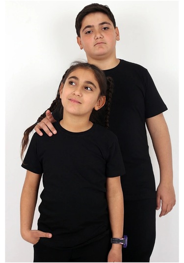 Basic Bisiklet Yaka %100 Pamuk Likralı Düz Unisex Çocuk T-shirt SIYAH