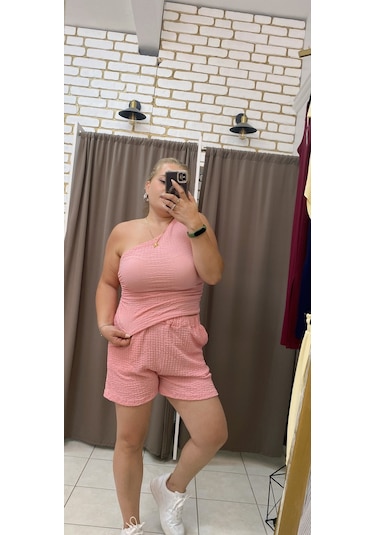 Tuba Toptaş Tek Omuz Gofre Bluz Pembe