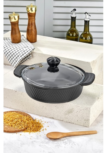 Cooker Kristal Serisi Döküm Granit Silikon Saplı 28 Cm Basık Tencere Siyah