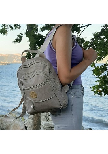 Fiyra S1 Vizon Renk Krinkıl Kumaş Dört Bölmeli Bayan Sırt Çantası-Vizon-Std