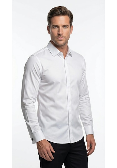Erkek Klasik Gömlek Pamuklu Esnek Kumaş,slim Fit Uzun Kollu, Fransız Manşetli Plus Scorpion Beyaz