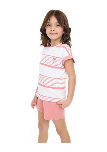 Toontoy Kız Çocuk Çizgili Kalp Nakışlı Şortlu Takım Koyu Pudra