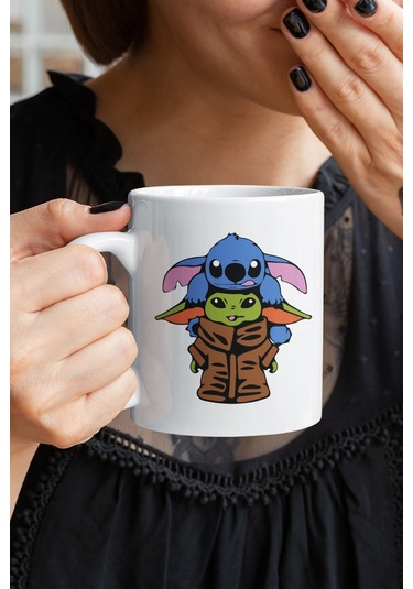 Baby Yoda Stitch Baskılı Kupa Bardak MAvi