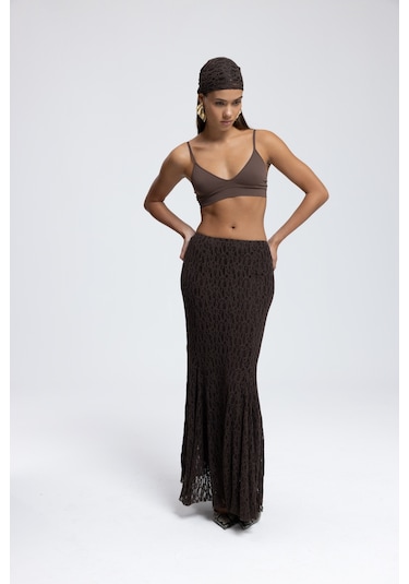 Veylia Uzun Kahve Dantel Etek Kahve