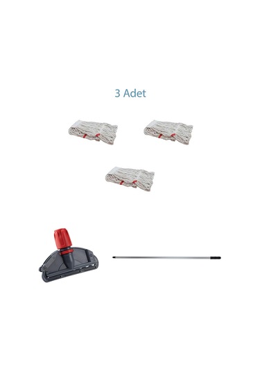 Cod-Ex Dar Yedek Islak Mop Takımı Islak Mop 3’lü Beyaz 450 G 17 CM + Metal Sap + Mop Tutucu