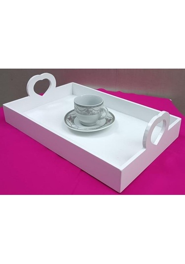 Hobi Erc Kalp Kulplu Tepsi 90404 Model Ahşap Mdf Parlak Beyaz Lake Boya El Yapımı