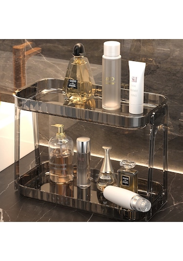 Skycity Banyo İçin Çift Katlı Pet Malzeme Kozmetik Dolabı - Geniş Kapasiteli Makyaj & Bakım Ürünleri Depolama Rafı 33x16x23cm Kahverengi Diğer