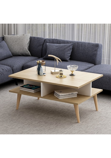 Dekorosso Poloo Ahşap Ayaklı Modern Orta Sehpa 90Cm Beyaz-Safir