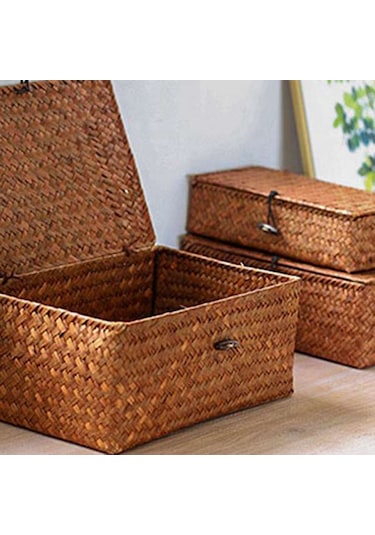 Kapaklı Dokuma Hasır Saklama Kutuları - 4'lü Set - Dikdörtgen Sepet Diğer