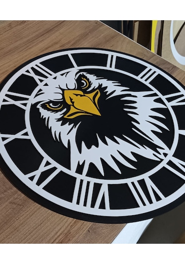 Kartal Temalı Beşiktaş Duvar Saati Dekoratif Taraftar Saati Ahşap - Siyah