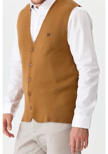 Erkek İnce Triko Düz Yelek Camel Camel
