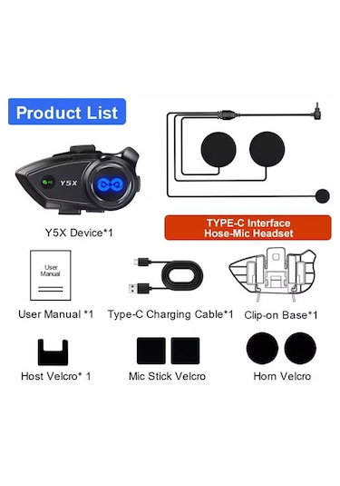 Vothoon Y5-x 1000mah Motosiklet Intercom Mavi - Siyah