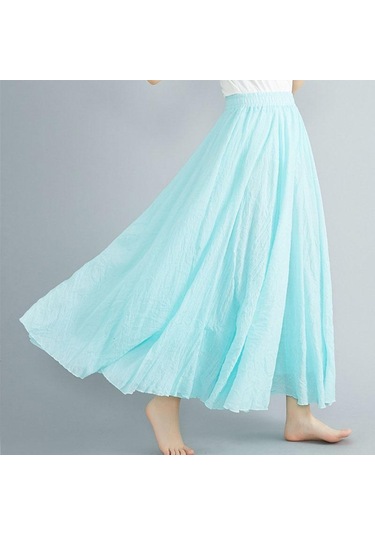 Yaz Sonbahar Kadın Etek Edebi Büyük Boy Pamuk Keten Yarım Etek Elastik Bel Keten A-line Etek Uzun Bölüm Saf Renk Rüzgar Salıncak Etek Su Mavisi