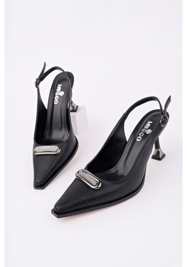 Muggo Heels Arkası Açık Toka Detaylı Günlük Klasik Topuklu Kadın Stiletto Ayakkabı Siyah