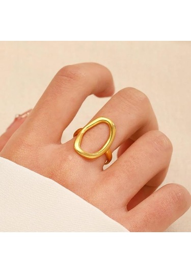 Vkemall Titanium Çelik Açık Uyarlanabilir Yüzük Seti 2 Adet - Irregular Yuvarlak Desen - Altın+gümüş - Şık Ve Basit Tasarım - Her Zaman Parlak Gold