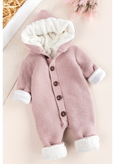 Triko Örme Welsoft Astarlı Kapüşonlu Kışlık Bebek Tulum gül kurusu
