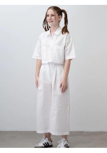 Kız Çocuk Crop Gömlek Poplin Pantolon Takım-15793 Beyaz