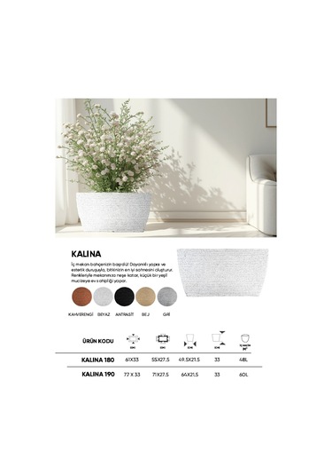 Bostann Dekoratif Saksı - Kalına 190 - 60l - Beyaz