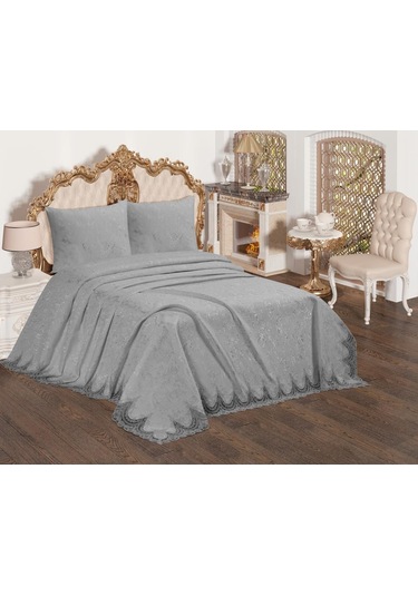 Fransız Güpürlü Çeyizlik Yatak Örtüsü Bulut Gri Gri