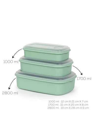 Porsima 5315 Kilitli Sızdırmaz Kapaklı Hava Tahliye Contalı Çok Amaçlı 3lü Dikdörtgen Erzak Yiyecek Saklama Kabı Seti Yeşil - 1000-1700-2800ml Yeşil