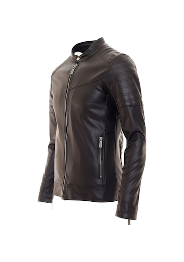 Oliggopol Erkek Siyah İç Cepli Slim Fit Spor Deri Ceket Dm Siyah