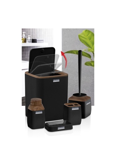 Okyanus Home Ahşap Desenli Çizgili 5'Li Banyo Seti - Siyah