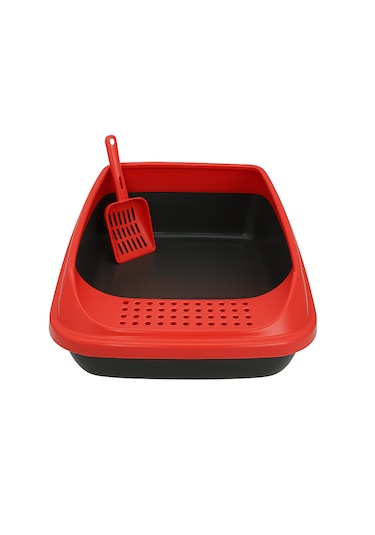 Kürekli Açık Kedi Tuvaleti - Sıçrama Önleyici Yüksek Kenarlı Kedi Kumu Kabı Kırmızı