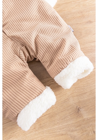 Kapüşonlu Kadife İçi Peluş Welsoft Erkek Bebek Tulum Bej