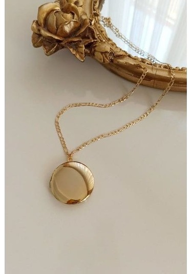 Yuvarlak Gold Kapaklı Çelik Resim Konulabilen Kadın Kolye Çok Renkli