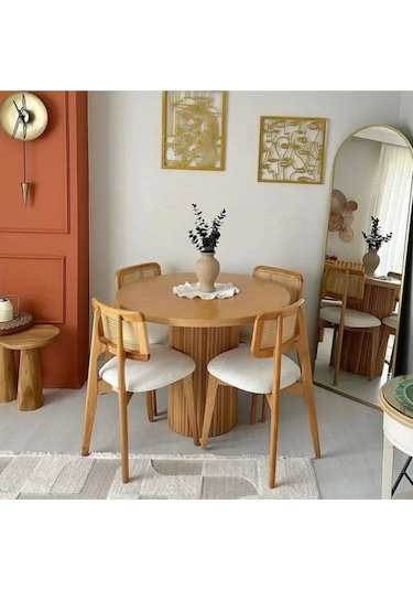 Depp Yuvarlak Ahşap Masa Takımı Bohem 4 Kişilik Mutfak Masa Sandalye Takımı Krem