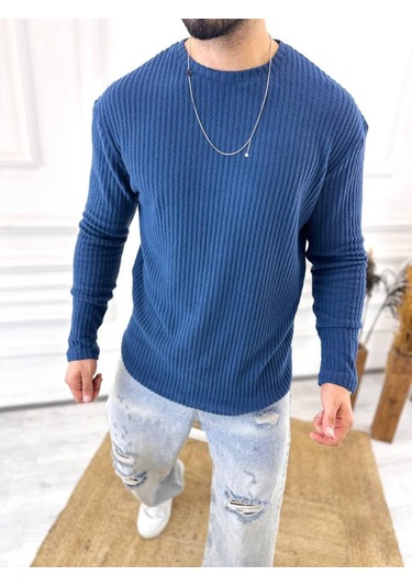 Uzun Kollu Tişört Fitilli Bisiklet Yaka Yumuşak Dokulu Tüylenmez Pamuklu Kazak Sweatshirt Lacivert