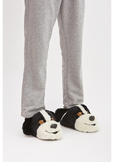 Siyah Hayvanlı Sessiz Taban Panduf Sevimli Köpek Figürlü Peluş Ev Ayakkabısı Siyah