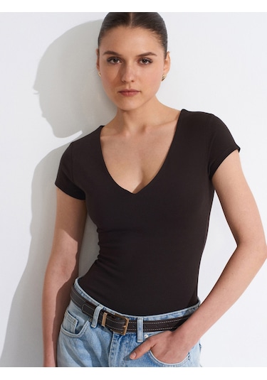 Dilvin 32840 V Yaka Basic T-shirt-koyu Kahve