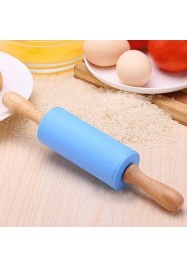 Novahub Çocuk Dıy Pişirme Aracı - Açık Mavi 2 Adet Küçük Merdaneler, Gıda Sınıfı Silikon Ahşap Saplı Oklava