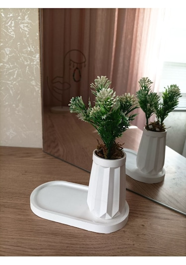 Mini Düz Desenli Beton Saksı Tekli Ve Oval Tabak - Yapay Çiçek Hediyeli - Beyaz Tomurcuk