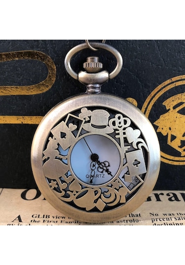Valkyrie Alice Harikalar Diyarı Temalı Vintage Bronz Cep Saati - Kolye Köstekli Retro Hediye