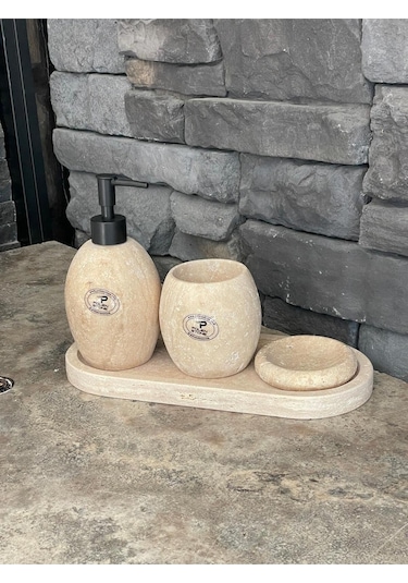 Bej Traverten Oval Model 4,lü Banyo Seti Beyaz