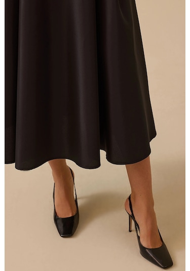 Seçil Kadın Tafta Kumaş Yüksek Bel Şık Kloş Etek 8001 Siyah Siyah