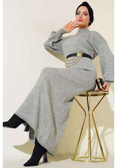 Bigdart 15900 Boydan Tesettür Triko Elbise - Gri