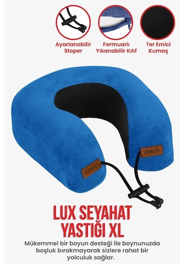 Lux Ortopedik Seyahat Yastığı Visco Boyun Destekli Seyahat Yastığı - Mavi Ergo Travel