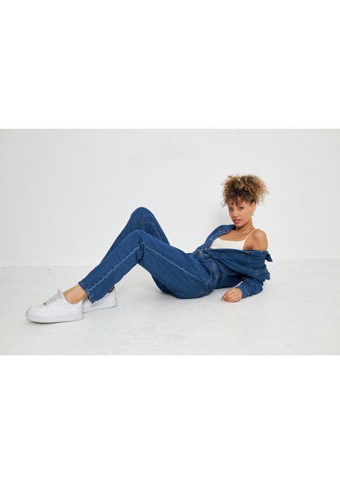 Denim Rahat Kalıp Cıt Cıt Kapamalı Tulum Koyu Mavi