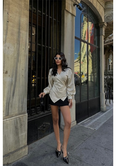 Süet Kruvaze Bluz Bağlama Detaylı - Taş Altın