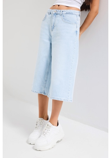 Itsbasic Kadın Ice 4s6-3 Süper Baggy Fit Maxi Boy Bermuda Denim Şort Ice Rengi