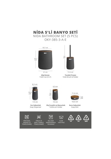 Okyanus Home Nida Antrasit Ahşap Desenli Eko 5'li Banyo Seti Antrasit